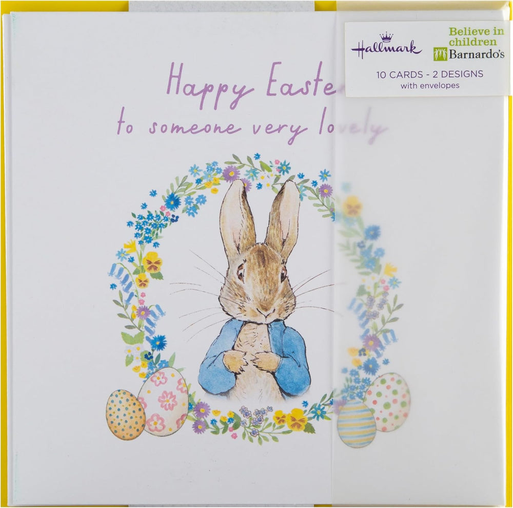 Hallmark Beatrix Potter Peter Rabbit Easter greeting card featuring colorful illustrations of Peter Rabbit in a springtime setting.