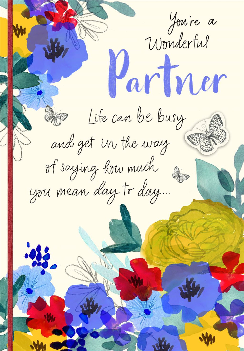 Hallmark floral greeting card with "You're a Wonderful Partner" message, featuring colorful floral design and elegant script.