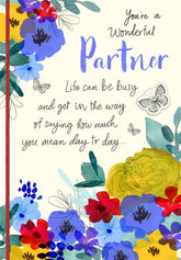 Hallmark floral greeting card with "you’re a wonderful partner" message, featuring colorful flower illustrations.