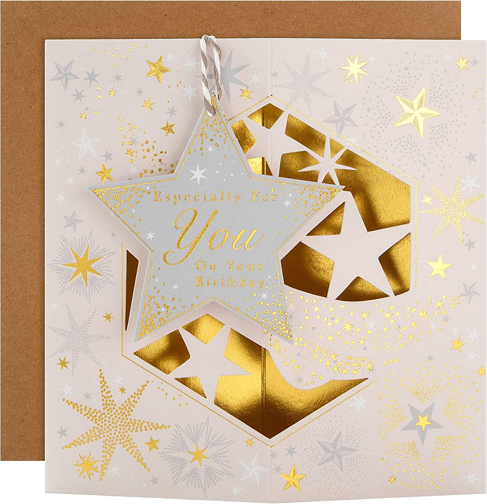 Hallmark birthday greeting card featuring a 3D design with a hanging star attachment and colorful decorative elements.