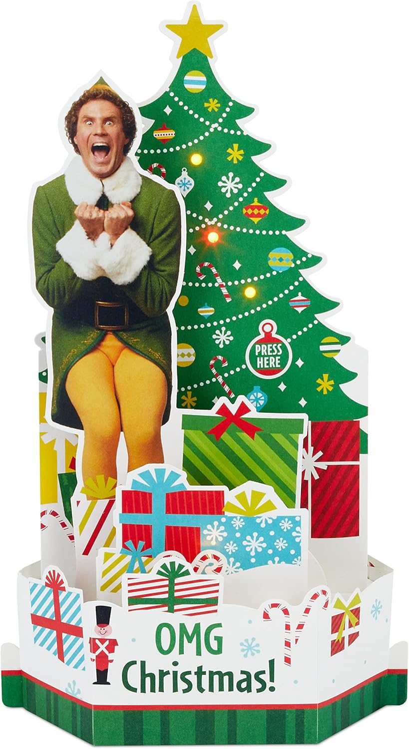 Hallmark Buddy the Elf musical light-up 3D pop-up Christmas greeting card with festive holiday design and cheerful elf illustration.