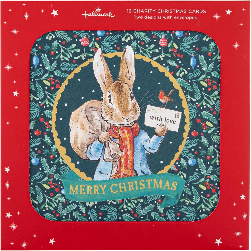 Hallmark Christmas greeting cards featuring Peter Rabbit and Beatrix Potter designs, pack of 16 with envelopes.