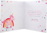 Hallmark greeting card featuring a cute jumping unicorn and rainbow design, perfect for a daughter's birthday celebration.