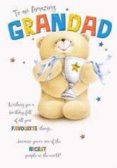 Hallmark cute teddy bear birthday card for grandad featuring a trophy and stars design, with colorful illustrations and cheerful details.