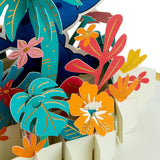 Hallmark Disney 3D pop-up Lilo & Stitch greeting card with Hawaiian flowers and colorful design.