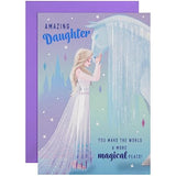 Hallmark Disney Frozen daughter birthday greeting card featuring Elsa and Anna with winter-themed design and colorful accents.