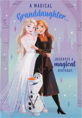 Hallmark Disney Frozen granddaughter birthday greeting card with Elsa and Anna characters, featuring colorful winter-themed design.