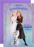 Hallmark Disney Frozen granddaughter birthday greeting card with Elsa and Anna illustrations featuring icy blue design.