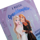 Hallmark Disney Frozen granddaughter birthday greeting card featuring Elsa and Anna with colorful winter-themed design