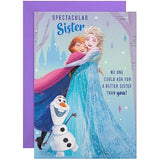 Hallmark Disney Frozen sister birthday greeting card with colorful Frozen characters and festive design.