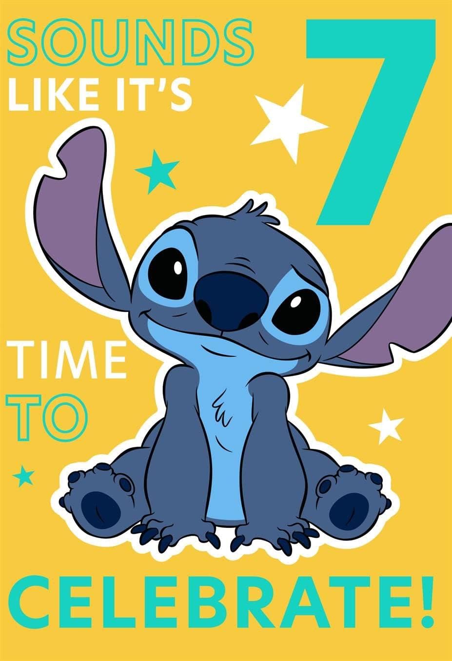 Hallmark Disney Lillo & Stitch 7th birthday greeting card with colorful cartoon characters and festive design.