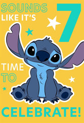 Hallmark Disney Lillo & Stitch 7th birthday greeting card with colorful cartoon characters and festive design.