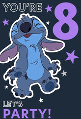 Hallmark Disney Lilo & Stitch 8th birthday greeting card featuring colorful Lilo and Stitch characters on a cheerful design