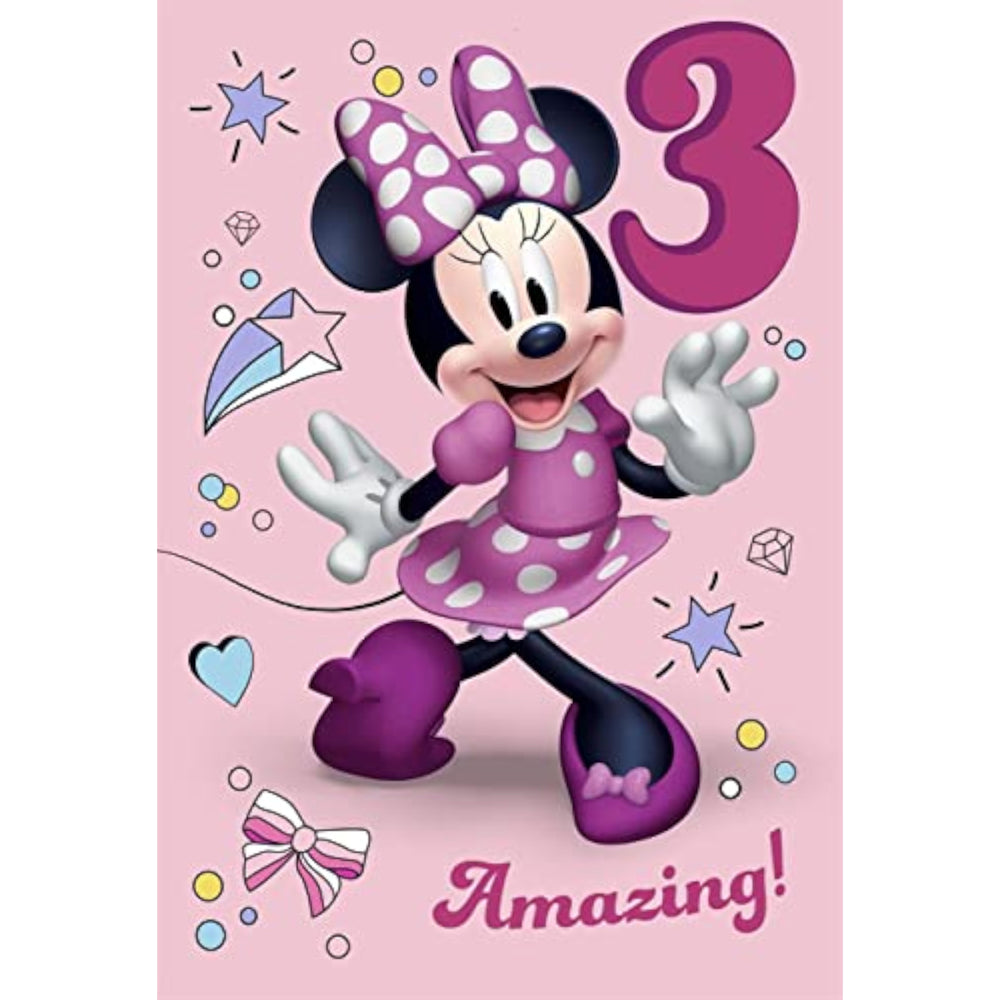 Hallmark Disney Minnie Mouse 3rd birthday greeting card with colorful Minnie illustration and festive design.