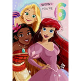 Hallmark Disney Princess 6th birthday greeting card with colorful princess illustrations and celebratory design.