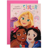 Hallmark Disney Princesses birthday greeting card featuring colorful illustrations of Disney princesses and festive design.