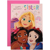 Hallmark Disney Princesses birthday greeting card featuring colorful illustrations of Disney princesses and festive design.