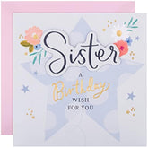 Hallmark greeting card featuring flowers and star design for sister's birthday, with colorful floral and star illustrations.