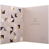 Hallmark geometric foiled birthday greeting card with 3D tag design, featuring modern geometric patterns and shiny foil accents.
