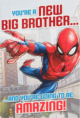 Hallmark Spiderman baby brother greeting card featuring superhero design and cheerful message for celebrating a new baby.