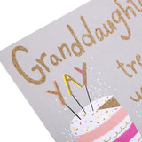 Hallmark Granddaughter Treat Yourself birthday greeting card with colorful floral design and heartfelt message inside.