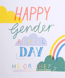 Hallmark Happy Gender Reveal Day greeting card featuring "He or She?" design for celebrating new baby gender reveal.