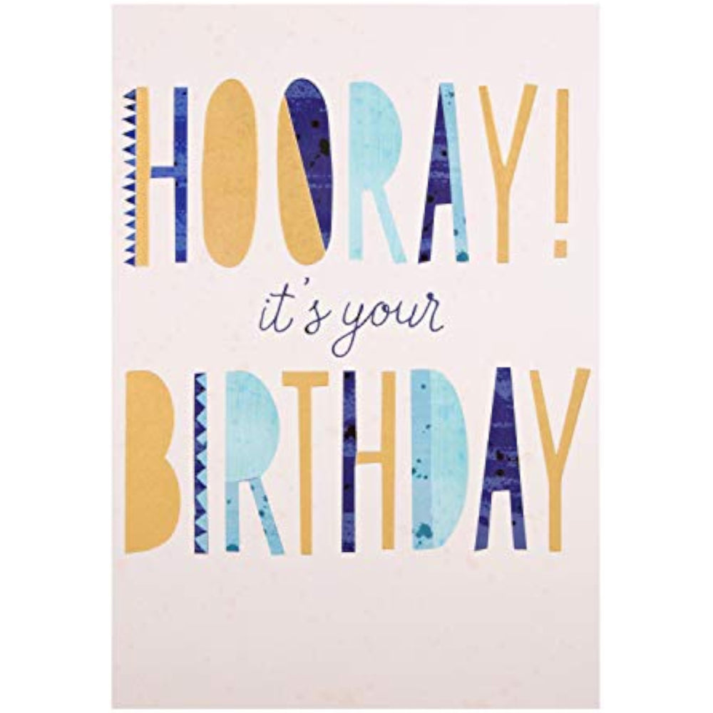 Hallmark birthday greeting card with colorful "Hooray It's Your Birthday" design and cheerful celebratory graphics.