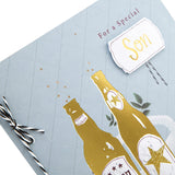 Hallmark large birthday greeting card for son with traditional verse design and multicoloured illustrations.