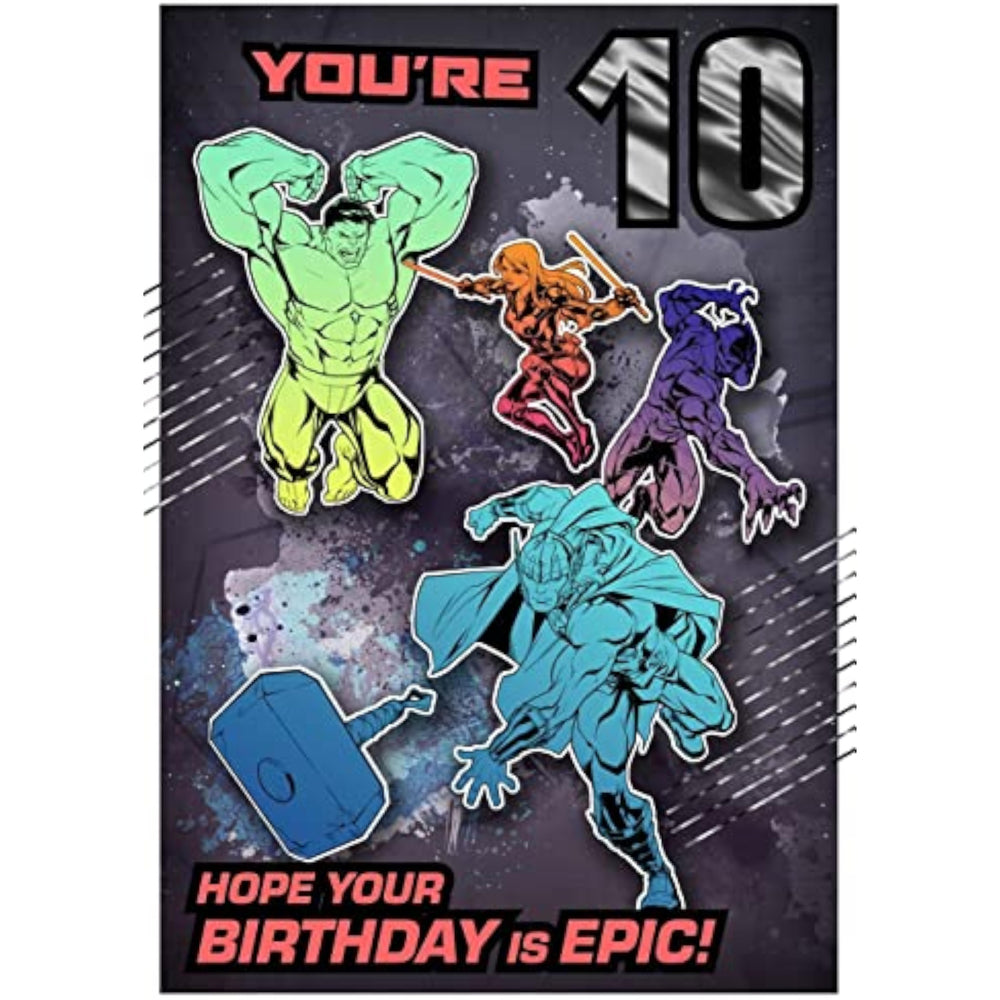 Hallmark Marvel Avengers 10th birthday greeting card featuring superhero characters and colorful design for kids' celebrations