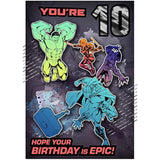 Hallmark Marvel Avengers 10th birthday greeting card featuring superhero characters and colorful design for kids' celebrations