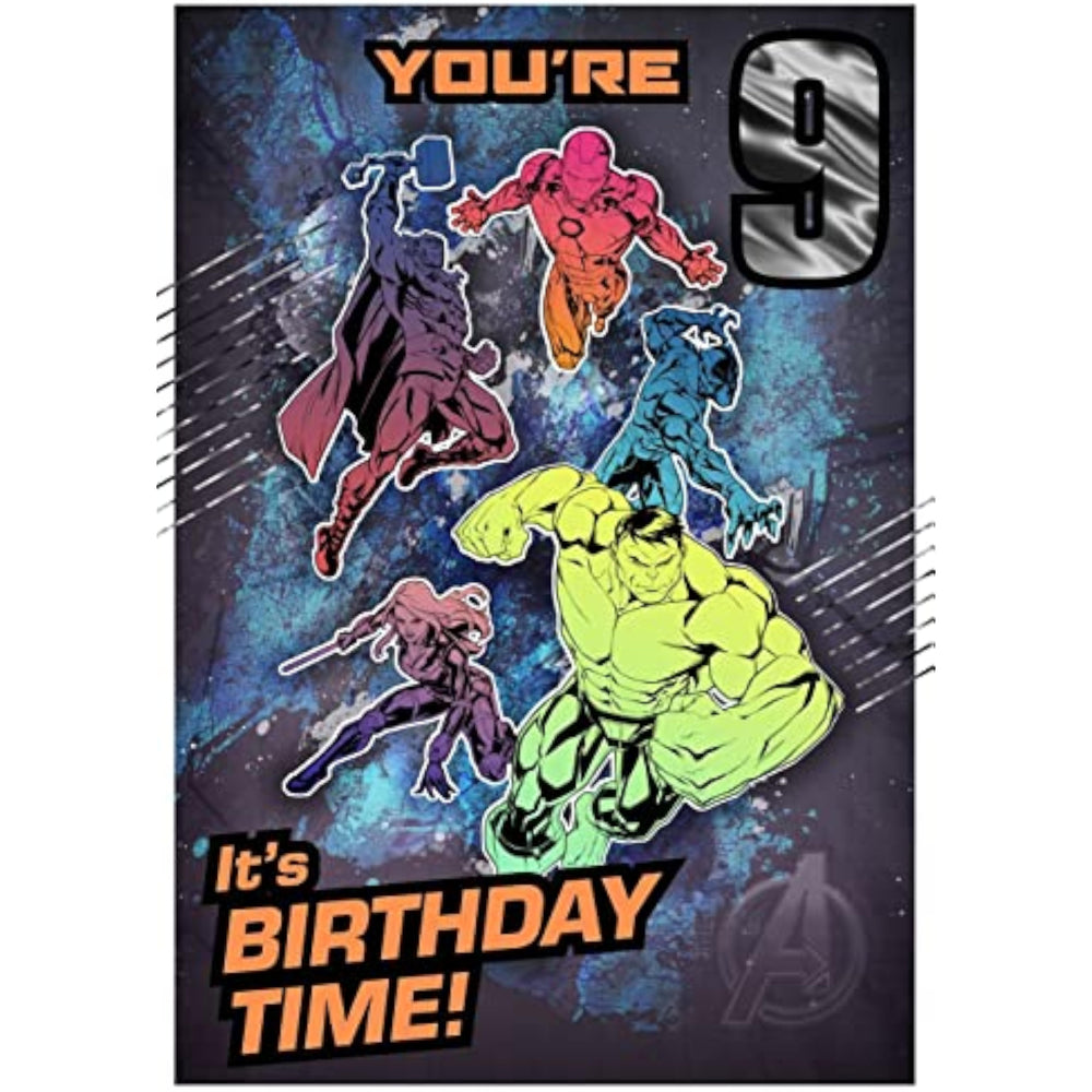 Hallmark Marvel Avengers 9th birthday greeting card with superhero illustrations on the front.