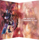 Hallmark Marvel Avengers Infinity War birthday greeting card featuring Marvel superheroes and vibrant comic-style artwork.