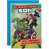 Hallmark Marvel Avengers superhero birthday greeting card featuring popular Marvel characters for a young boy’s celebration.