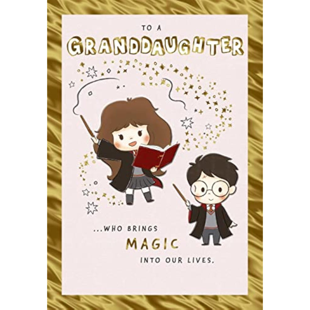 Hallmark Warner Brothers Harry Potter granddaughter birthday greeting card with magical Harry Potter design and colorful illustrations.