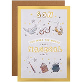 Hallmark Warner Brothers Harry Potter Son birthday greeting card with Harry Potter and magical design on the front.