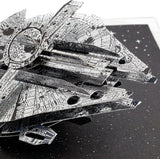 Hallmark 3D pop-up Star Wars Millennium Falcon space-themed silver birthday greeting card with detailed design.