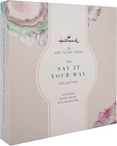Set of 20 Hallmark 'Just to Say' greeting cards in four colorful geode design patterns, perfect for expressing heartfelt messages.