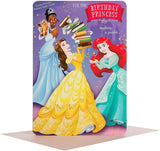 Hallmark Disney Princess birthday card featuring a memory game activity with colorful princess images and festive design.