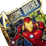 Hallmark Marvel Avengers pop-out birthday card featuring Avengers characters for brother's special celebration.