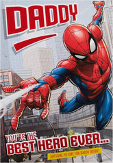 Hallmark Marvel Spider-Man birthday greeting card featuring Spider-Man in a dynamic pose for a dad’s celebration.