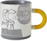 Hallmark Snoopy & Woodstock ceramic mug in grey with yellow handle, 440ml drinkware featuring Snoopy and Woodstock design.