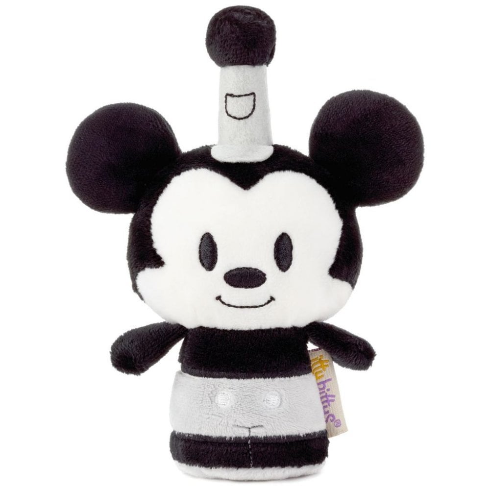 Hallmark Disney Mickey Mouse Steamboat Itty Bitty soft toy, plush character with red shorts and large yellow shoes, sitting and smiling.