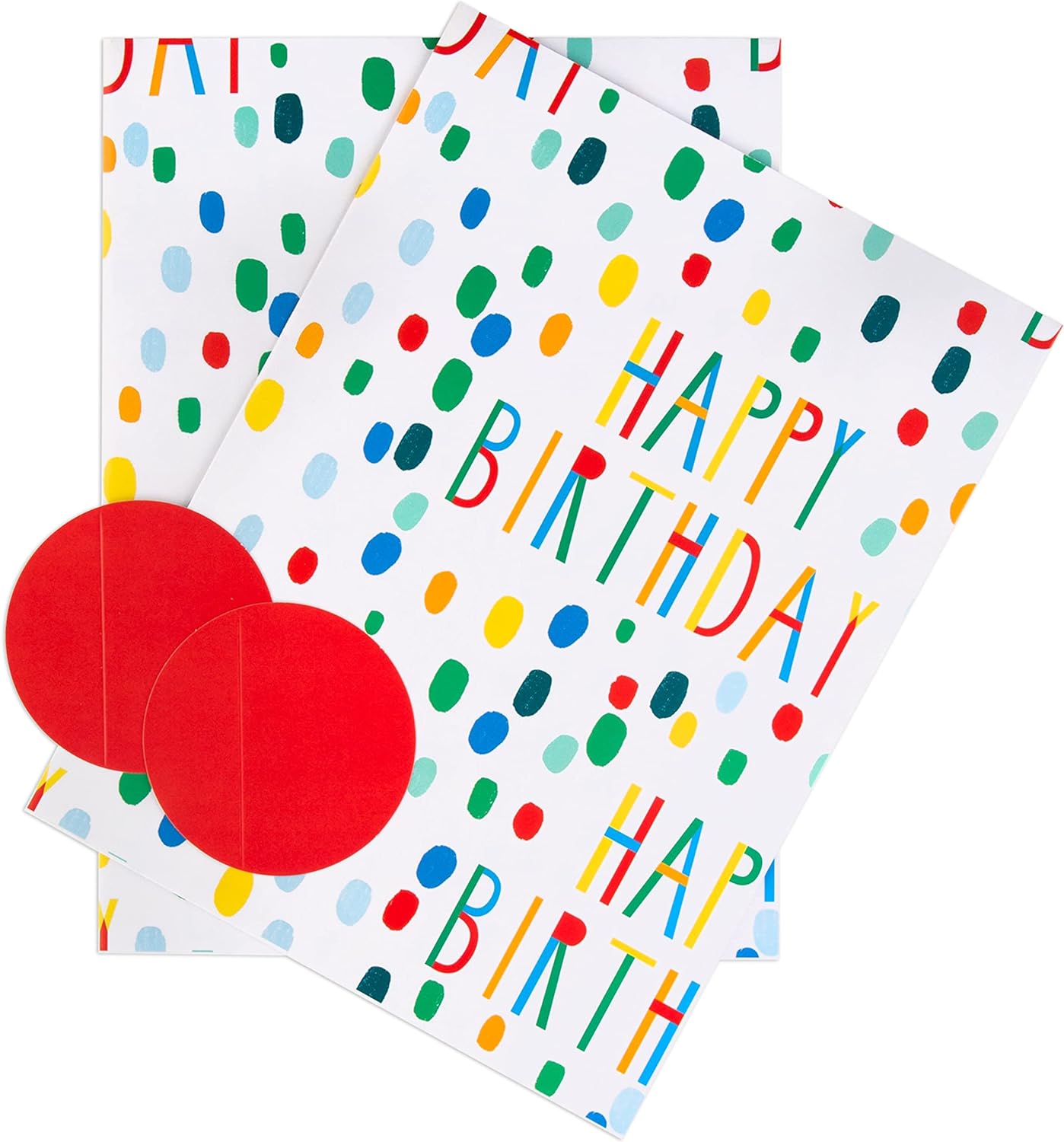 Hallmark birthday wrapping paper set with two sheets and two decorative tags, colorful and festive for special occasions.