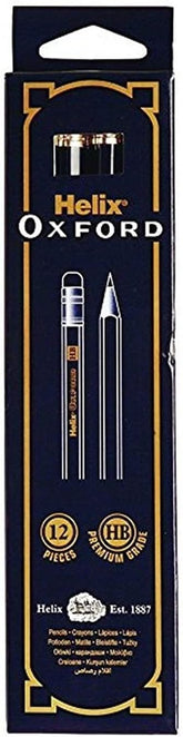 Set of 12 Helix Oxford HB pencils with yellow barrels and erasers, ideal for writing and drawing tasks.
