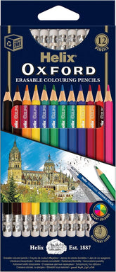 Set of 12 Helix Erasable Colouring Pencils with vibrant colors and easy erase feature, ideal for creative art projects.