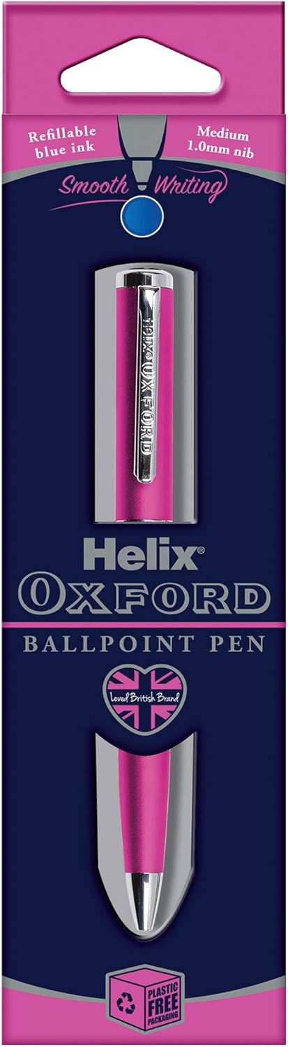 Pink Helix Oxford ballpoint pen with blue ink, featuring a sleek design and comfortable grip.