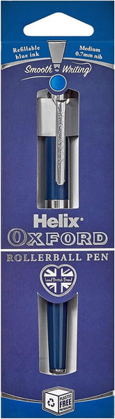 Helix Oxford Premium Rollerball Pen with blue ink, featuring a sleek design and plastic-free packaging.