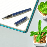 Helix Oxford Premium Rollerball Pen with blue ink, displayed with eco-friendly plastic-free packaging.
