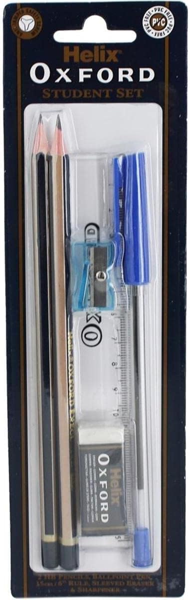 Helix Oxford student set with pens, pencils, and stationery items arranged neatly on a desk.