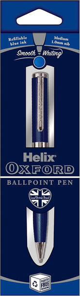 Helix Oxford Premium ballpoint pen with rose gold finish, sleek design, and smooth writing on a white background.
